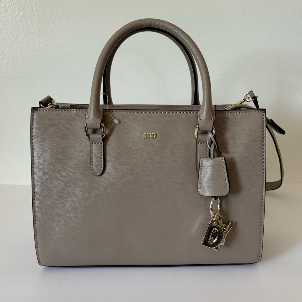DKNY Perri Box Satchel Crossbody Bag Handbag - Taupe Toffee Faux Leather NWT